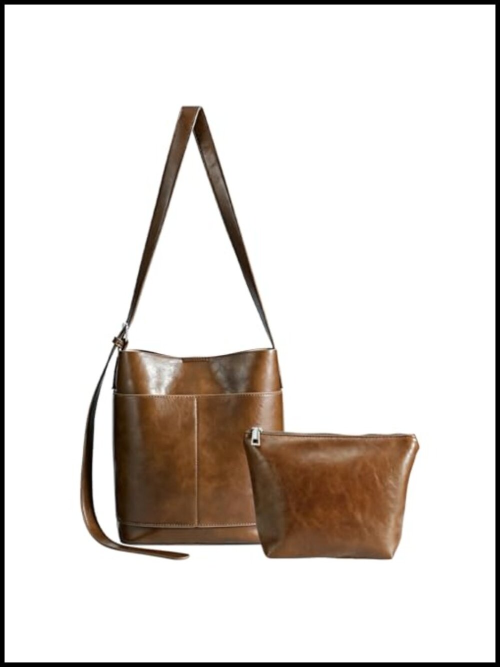 Bucket Crossbody Purse with Detachable Pouch, Vegan Leather, Adjustable Strap
